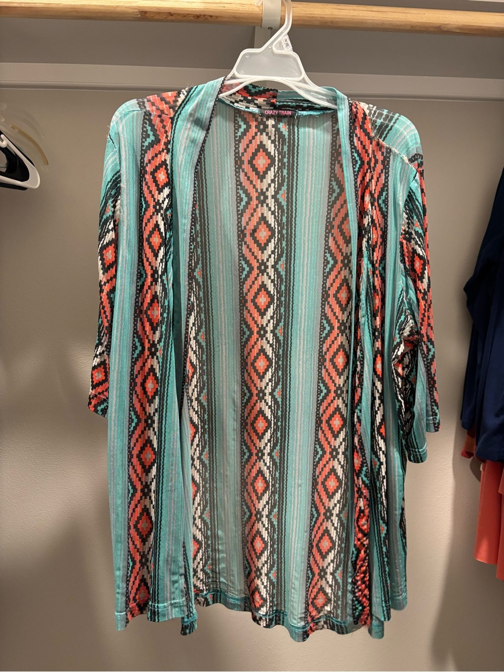 Crazy Train Teal & Coral Aztec-Stripe Open Front Cardigan